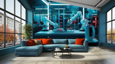 Futuristic factory with robotic arms assembling electronic components Wall mural