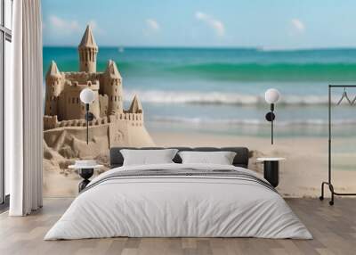 sand castle on a beautiful beach. copy space. Generative AI Wall mural