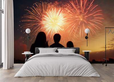 Silhouette of children watching fireworks. concept of freedom, hope, festivity. Generative AI Wall mural