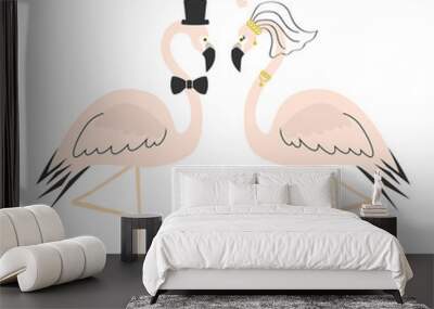 Beautiful pink flamingo couple wedding card on white background Wall mural