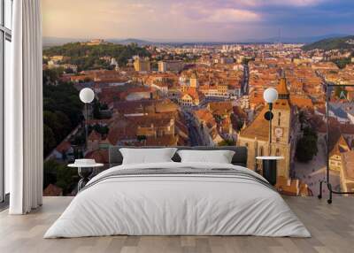 Brasov cityscape with black cathedral and mountain on backround in Romania. Aerial view Wall mural