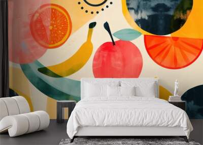 Vibrant Food Vector Backgrounds for Juicy Designs. Colorful Abstract Fruit Illustrations with Painted Texture. Wall mural