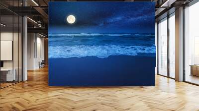 beach and sea on a cloudy night. beautiful view of waves rolling the coast beneath a glowing sky in full moon light Wall mural