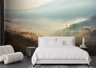 beautiful foggy background. country road down in the valley trees on hill in the mist Wall mural