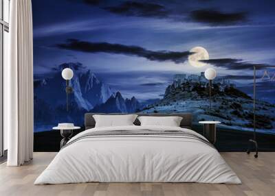 castle on the hill at night. composite fantasy landscape. grassy meadow in the foreground. rocky peaks of the ridge in the distant background in full moon light Wall mural