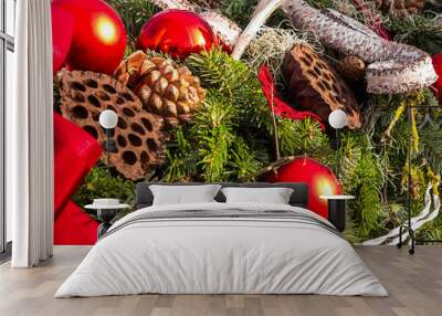 christmas background with toys, cake and fir-cones on fir tree b Wall mural