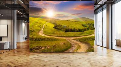 cross road on hillside meadow in mountain at sunrise at sunset Wall mural