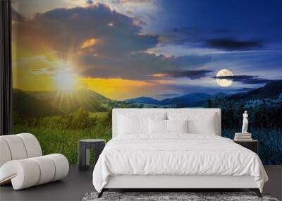 day and night time change concept. Alpine meadow with tall grass on a background of mountains with sun and moon at twilight Wall mural