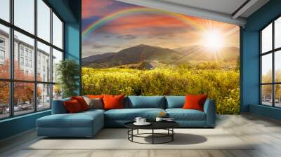 meadow with flowers in mountains at sunset Wall mural