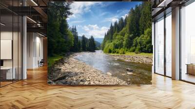 mountain landscape with river. green environment background Wall mural