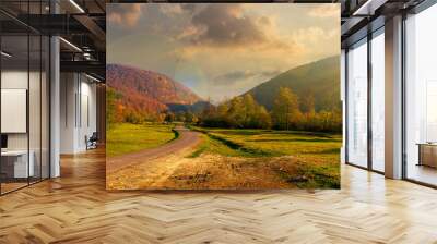 road winding through the country valley at sunset. wonderful autumn landscape in mountains in evening light. forest on hills in colorful foliage. sunny weather with fluffy clouds on the sky Wall mural