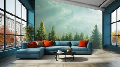 spruce treetops on a hazy morning. wonderful nature background with sunlight coming through the fog. bright sunny atmosphere Wall mural