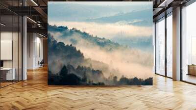 trees on hill side in morning fog. beautiful autumn background of mountainous area Wall mural