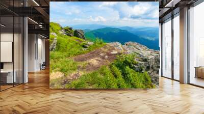 view in to the valley from the top of a mountain. huge rocks on the grassy hillside. clouds on the sky. beautiful sunny weather with dappled light. freedom in tourism concept Wall mural