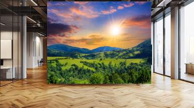 village on hillside meadow with forest in mountain at sunset Wall mural