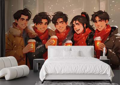 Happy group of people having a hot drink like coffee or tea in a moment of happiness Wall mural