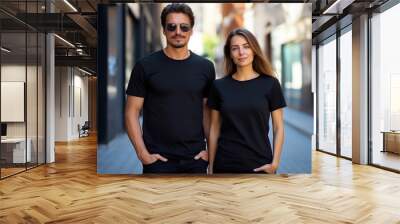 A couple boyfriend and girlfriend wearing blank black matching t-shirts mockup for design template Wall mural