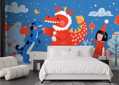 A joyful winter scene with a colorful dragon, a girl, and a playful dog, celebrating in a festive atmosphere with lanterns and snow. Wall mural