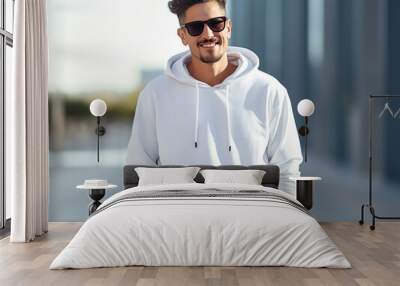 Attractive caucasian man wearing blank empty white hoodie mockup for design template Wall mural