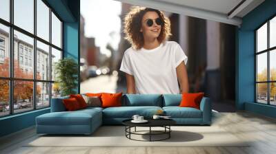 Attractive young woman wearing blank empty white t-shirt mockup for design template Wall mural