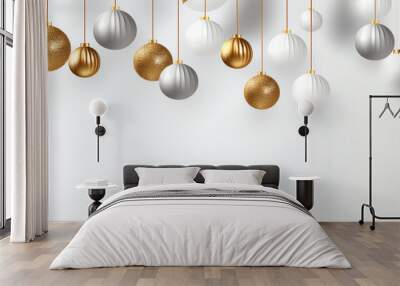 Christmas new year banner with hanging gold and silver ball on white background Wall mural