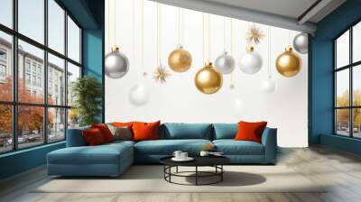 Christmas new year banner with hanging gold and silver ball on white background Wall mural