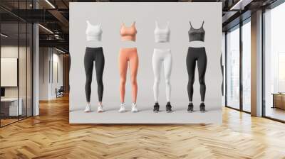 Collection of activewear outfits, including sports bras and leggings in various colors, displayed in a minimalist setting Wall mural