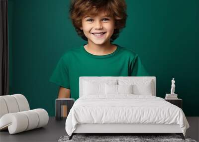 Cute boy wearing blank empty green t-shirt mockup for design template Wall mural