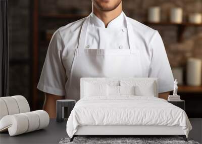 Male chef wearing mockup of blank empty white apron in the kitchen of restaurant, template for shop branding identity Wall mural