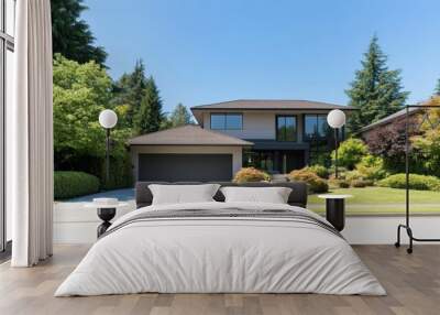 Modern house exterior with landscaping under clear blue sky. Wall mural