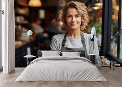 Portrait of caucasion woman entrepreneur standing confident and wearing apron in her store shop Wall mural