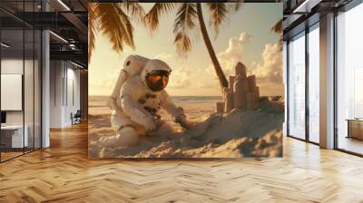 Summer concept, an astronaut building sandcastle on beautiful beach evening light. Wall mural