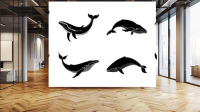 set of blue whale silhouettes, isolated background Wall mural