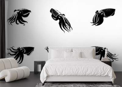 set of cuttlefish silhouettes on isolated background Wall mural