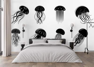 set of jellyfish silhouettes, isolated background Wall mural