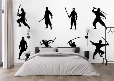 set of ninja silhouettes on isolated background Wall mural