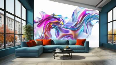 3D render of a fluid shape with holographic colors on a white background, Holographic liquid background. Wall mural