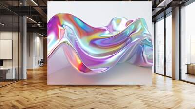 3D render of a fluid shape with holographic colors on a white background, Realistic bright molecular or fluid elements. Wall mural