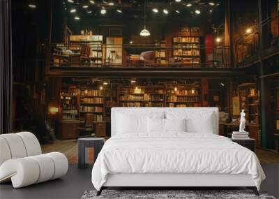 A dimly lit room with a large desk, two chairs, and numerous bookshelves filled with books. Wall mural