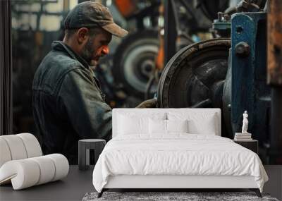 A factory worker in a black coat operates a machine. Wall mural