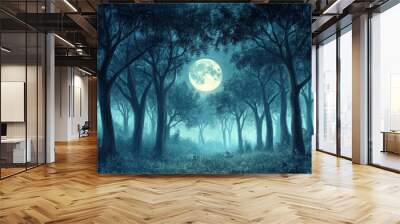 A Full Moon Illuminates a Misty Forest at Night Wall mural