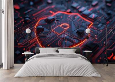 A glowing red shield with a lock symbolizing digital security sits on a circuit board Wall mural