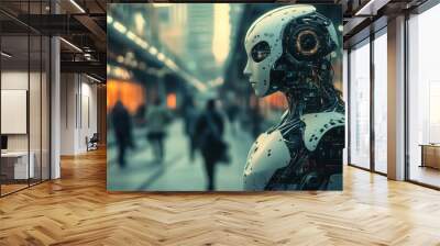 A humanoid robot with exposed circuitry standing in a city street. Wall mural