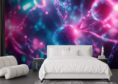 A Single Neuron Cell Glowing in Pink and Blue Light Wall mural