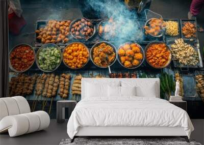 A Variety of Street Food Items Being Grilled and Cooked on a Street Stall Wall mural