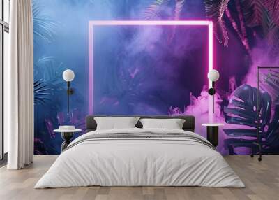 abstract neon glow square frame on tropical jungle background with smoke and palm leaves. empty copy space in middle. Wall mural