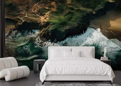 Aerial View of Ocean Waves Crashing on Sandy Shore and Rocky Cliffs Wall mural