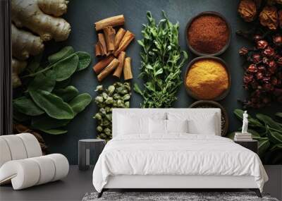 Assortment of Spices and Herbs on a Black Surface Wall mural