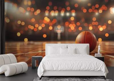 Basketball arena with wooden floor, lights reflectors, and tribune over blurred lights background. basketball arena with bright lights and glare. Generative AI Wall mural