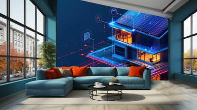 Blue print of smart home with solar panels rooftop system digital icons and graphs hover around it. Wall mural